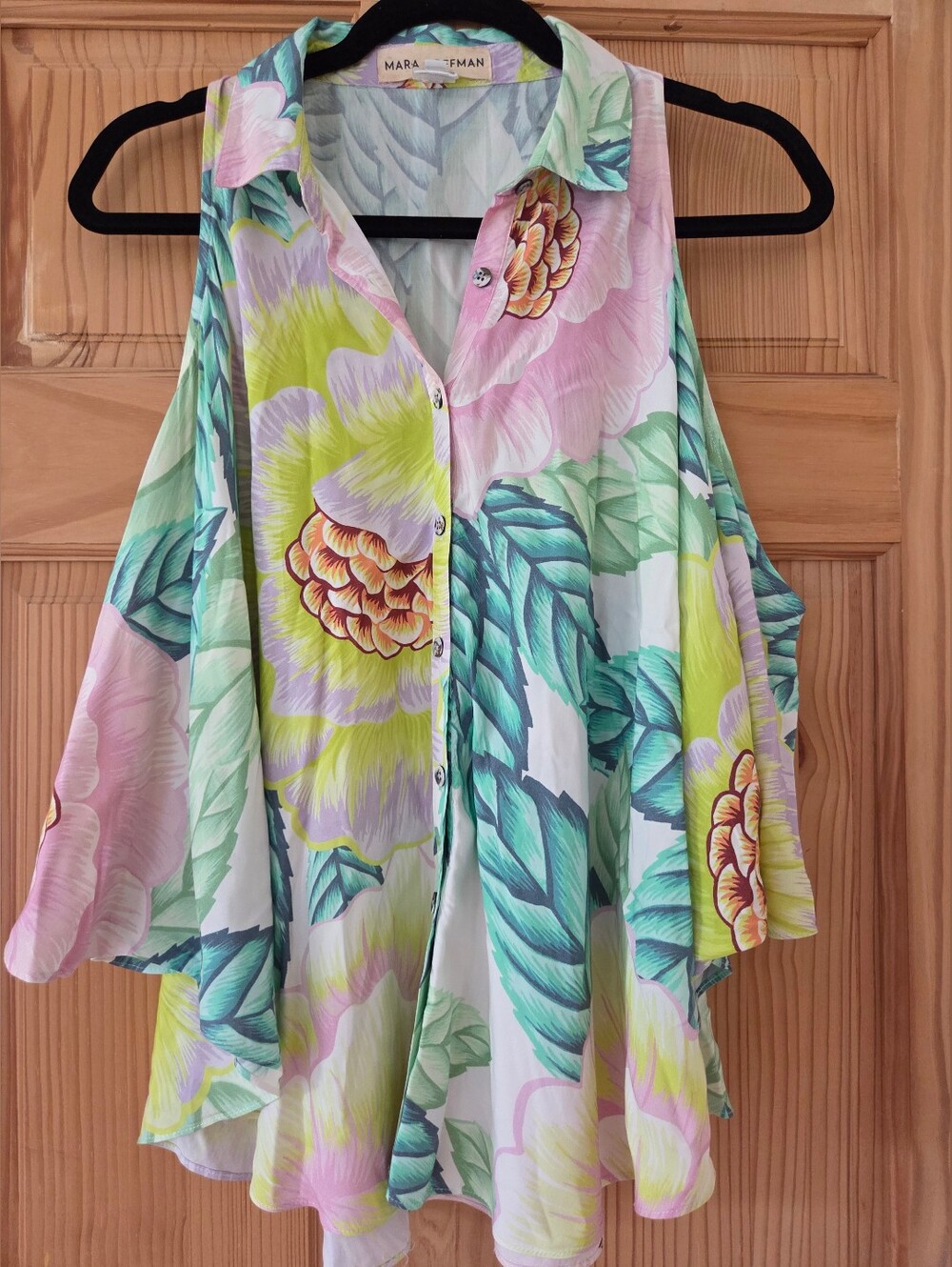 Mara Hoffman Floral Open Shoulder Blouse Button Up Collared Medium